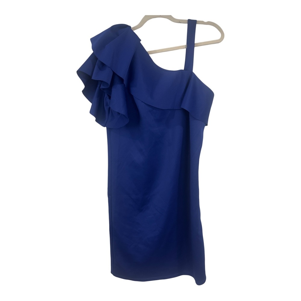 Nina Leonard Womens Royal Blue One Shoulder Ruffle Cocktail Dress Large RN115070